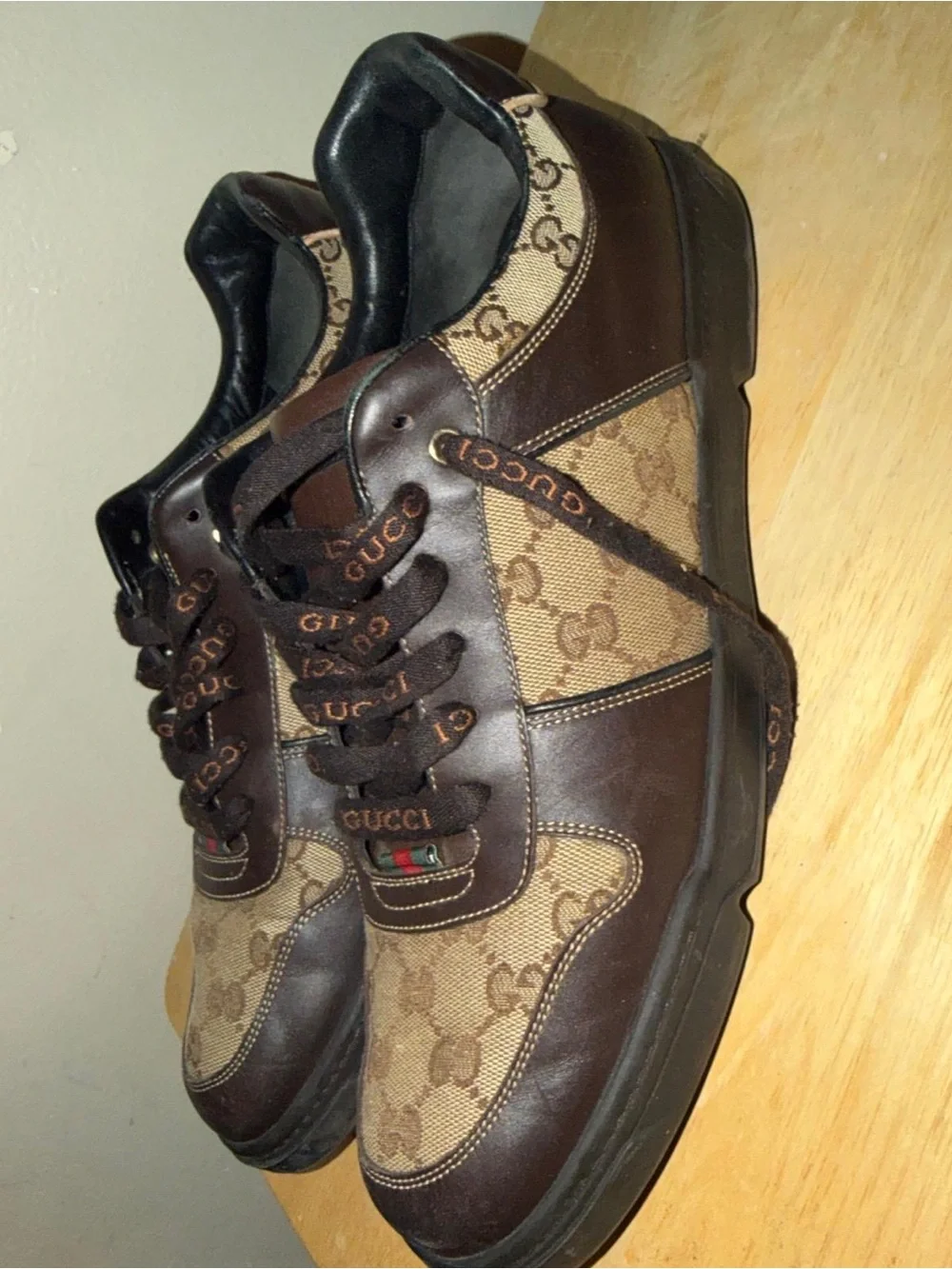 Gucci Men’s Brown GG Canvas & Dark Brown Leather Sneakers with Green-Red Web